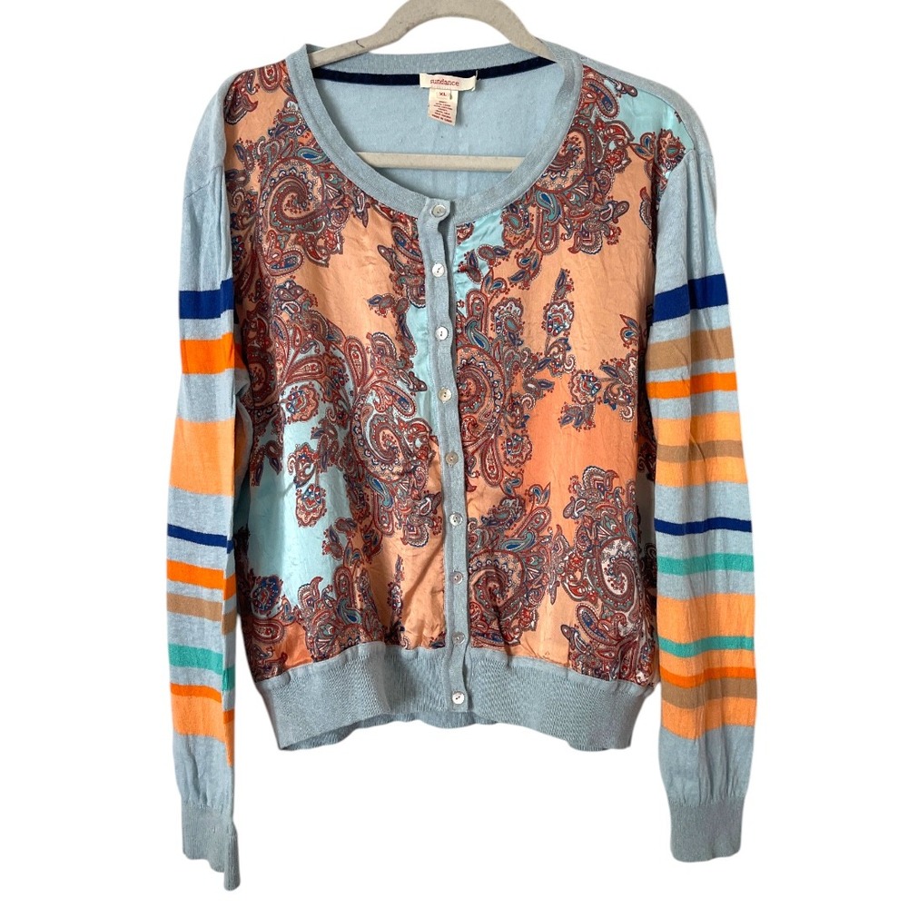 Sundance Paisley Patchwork Button Cardigan in Peach & Light Blue